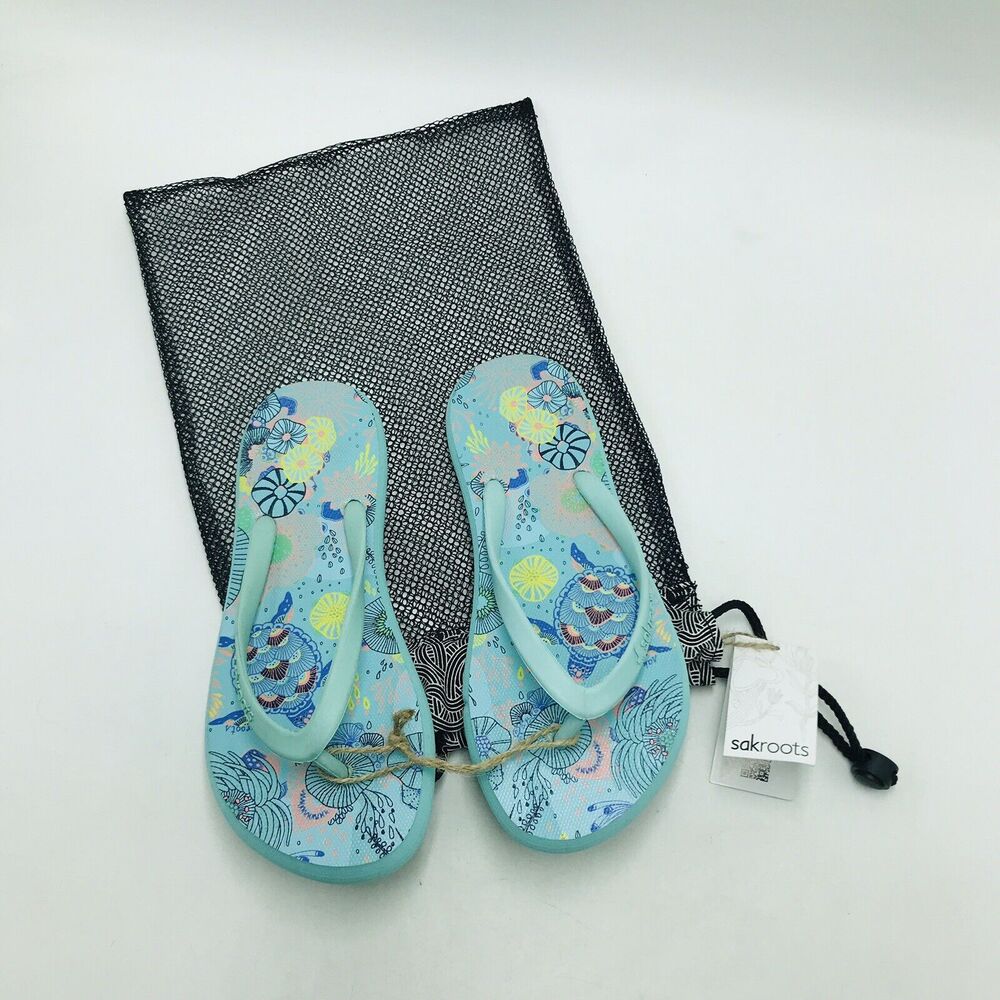Sakroots Women's 7 Flip Flops Encore Turquoise Blue w/ Bag 107722 New